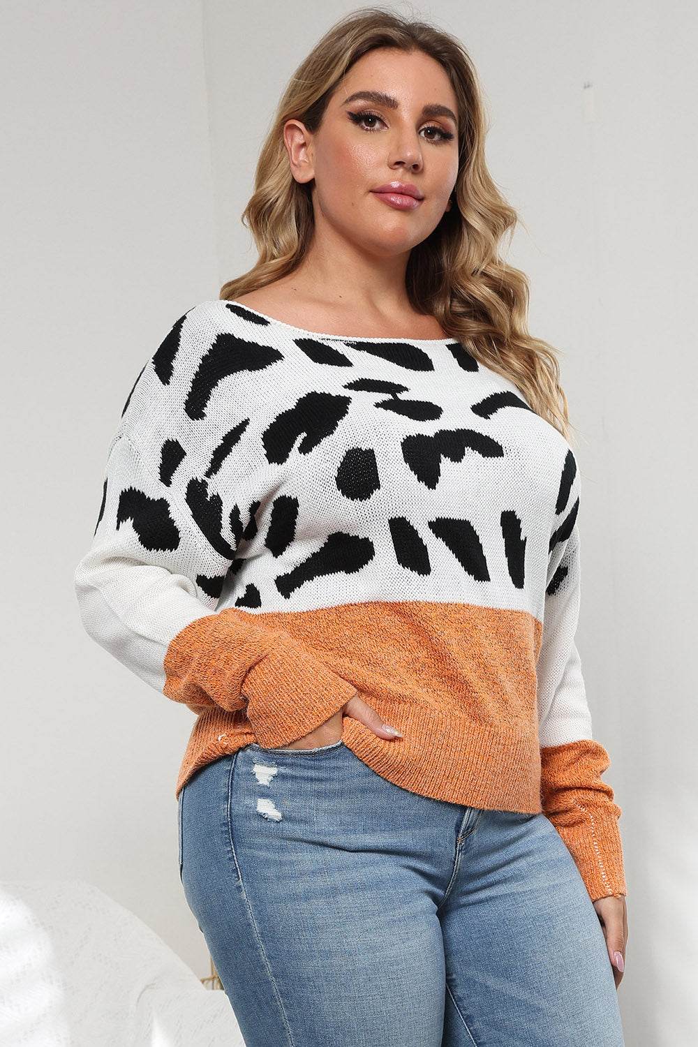 Plus Size Leopard Round Neck Long Sleeve Sweater for a perfect OOTD – dress to impress outfits from Amexza