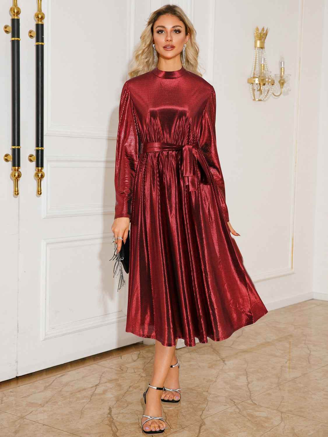 Tie Waist Long Sleeve Midi Dress Burgundy for a perfect OOTD – dress to impress outfits from Amexza