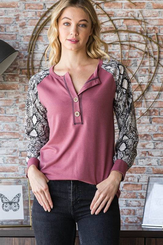 Heimish Full Size Snakeskin Print Raglan Sleeve Half Button Top for a perfect OOTD – dress to impress outfits from Amexza