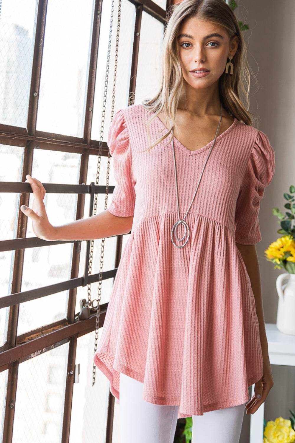 Heimish Full Size Waffle Knit V-Neck Babydoll Top ROSE for a perfect OOTD – dress to impress outfits from Amexza