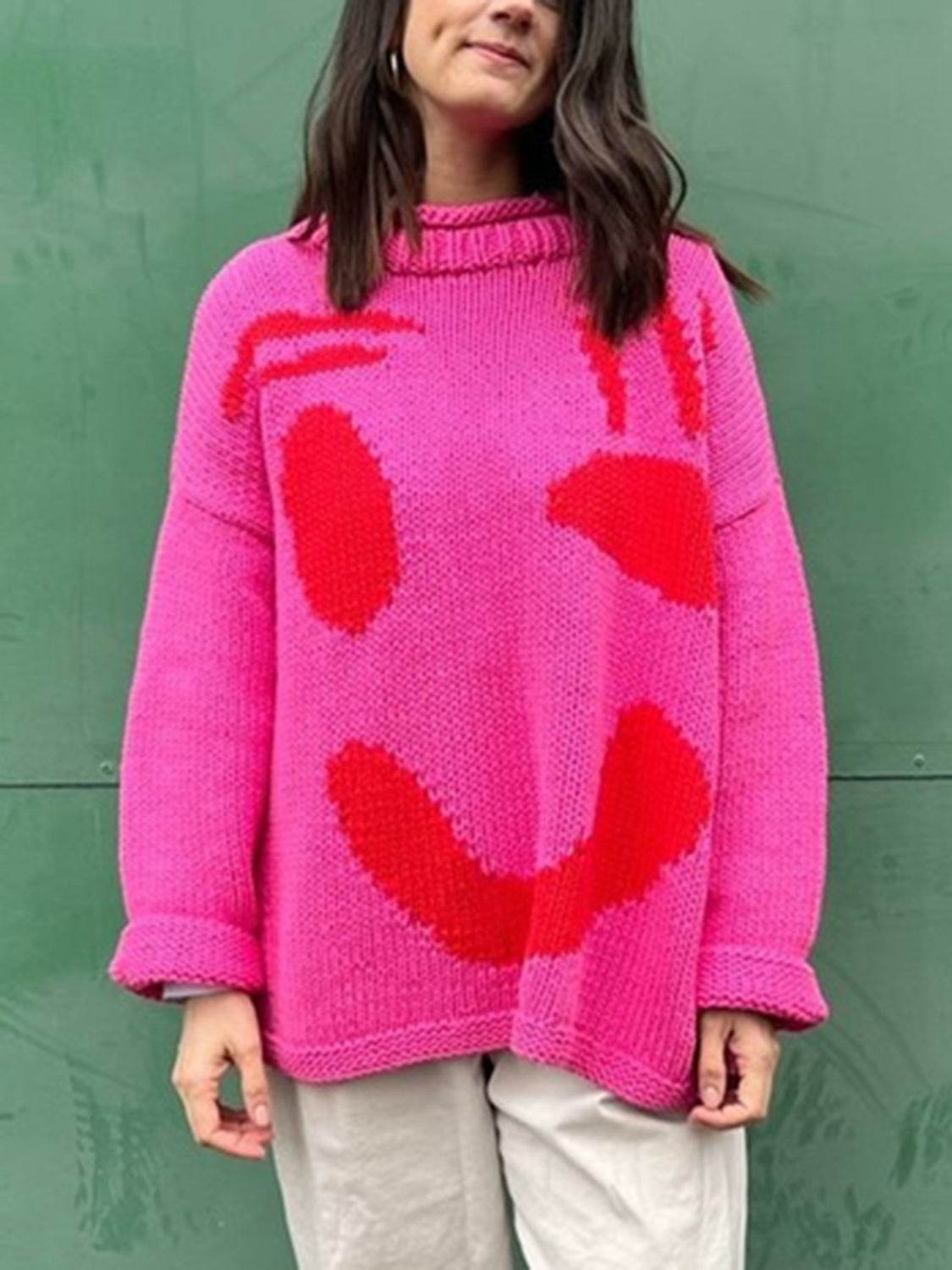 Contrast Drop Shoulder Long Sleeve Sweater Hot Pink for a perfect OOTD – dress to impress outfits from Amexza