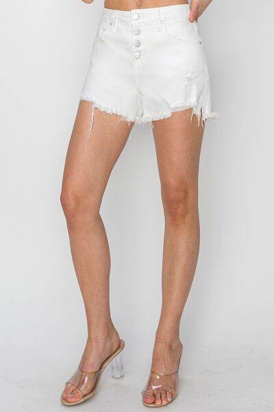 RISEN Button Fly Frayed Hem Denim Shorts for a perfect OOTD – dress to impress outfits from Amexza