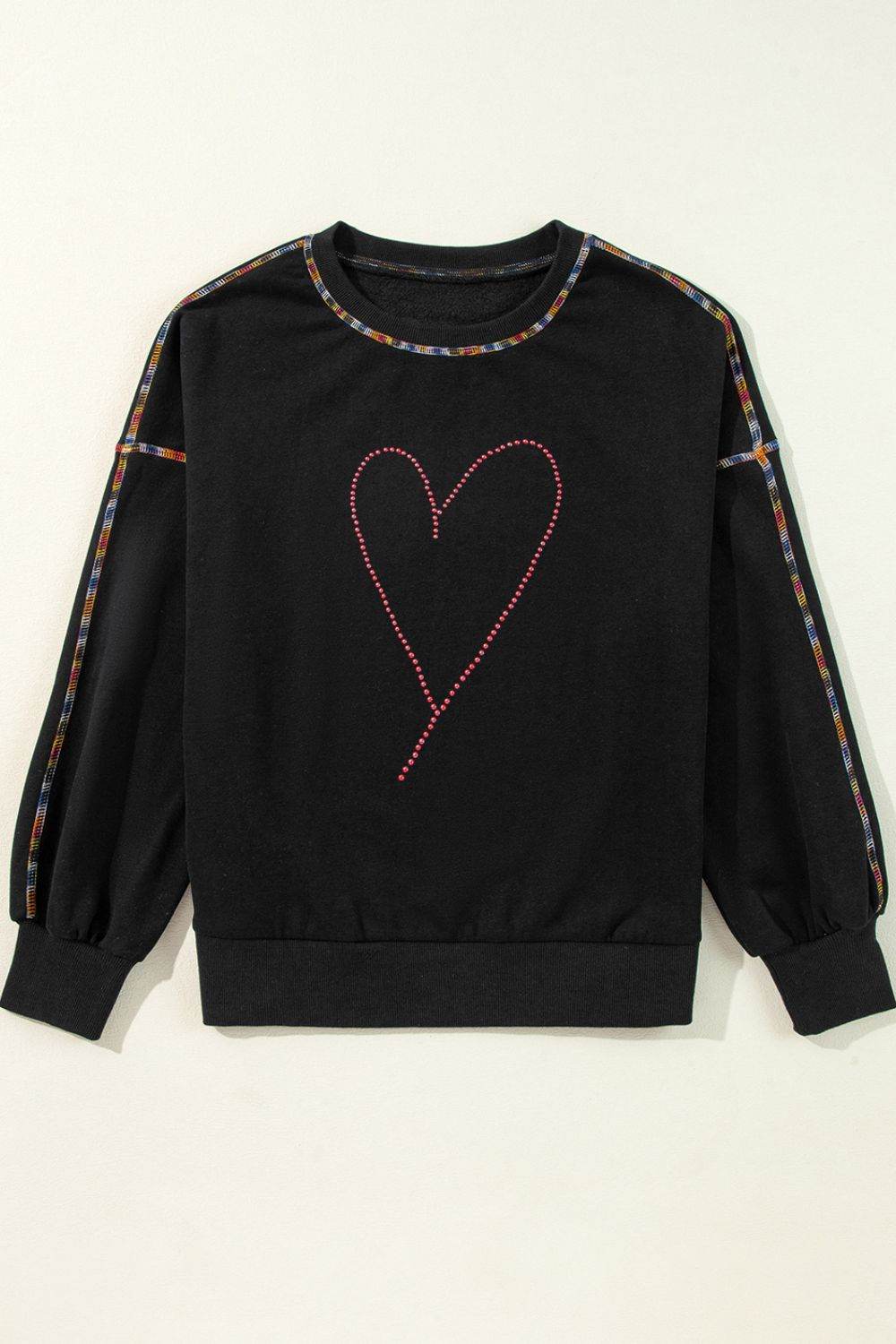 Valentine’s Day Rhinestone Heart Round Neck Long Sleeve Sweatshirt for a perfect OOTD – dress to impress outfits from Amexza