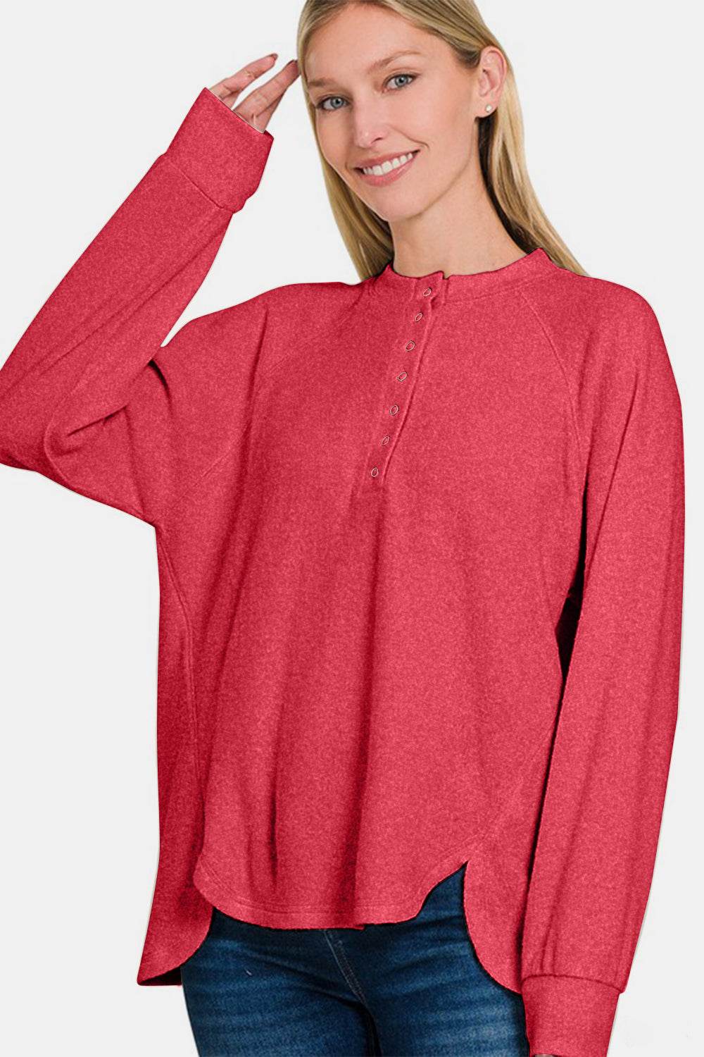 Zenana Full Size Brushed Melange Hacci High-Low Sweater for a perfect OOTD – dress to impress outfits from Amexza