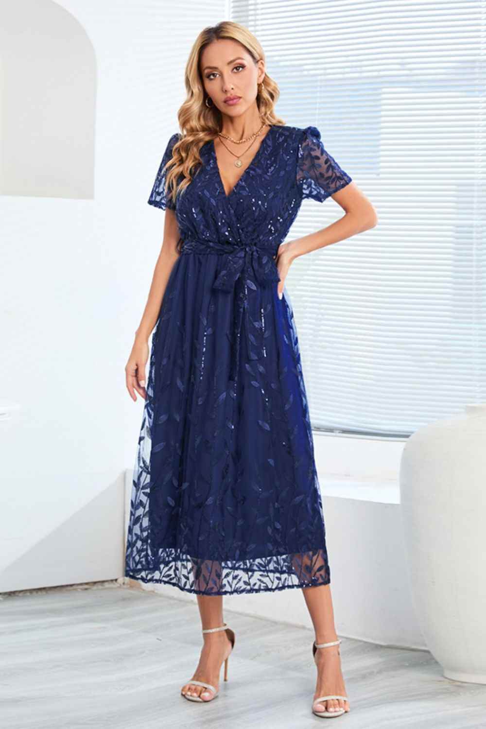 Sequin Leaf Embroidery Tie Front Short Sleeve Dress for a perfect OOTD – dress to impress outfits from Amexza