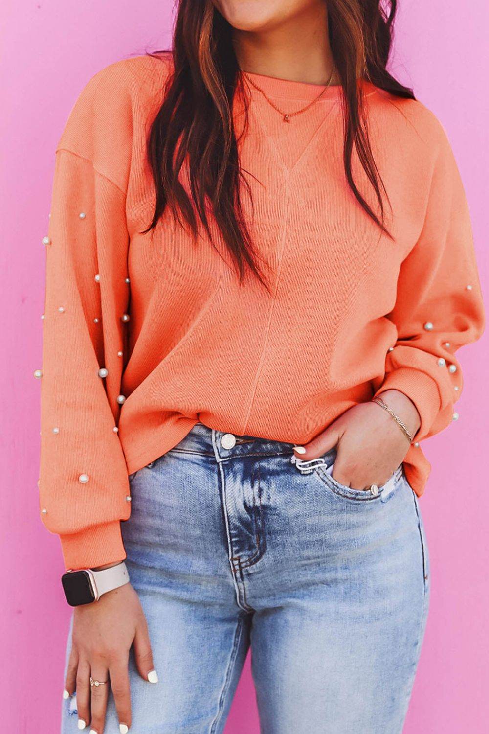 Pearl Trim Round Neck Long Sleeve Sweatshirt Tangerine for a perfect OOTD – dress to impress outfits from Amexza