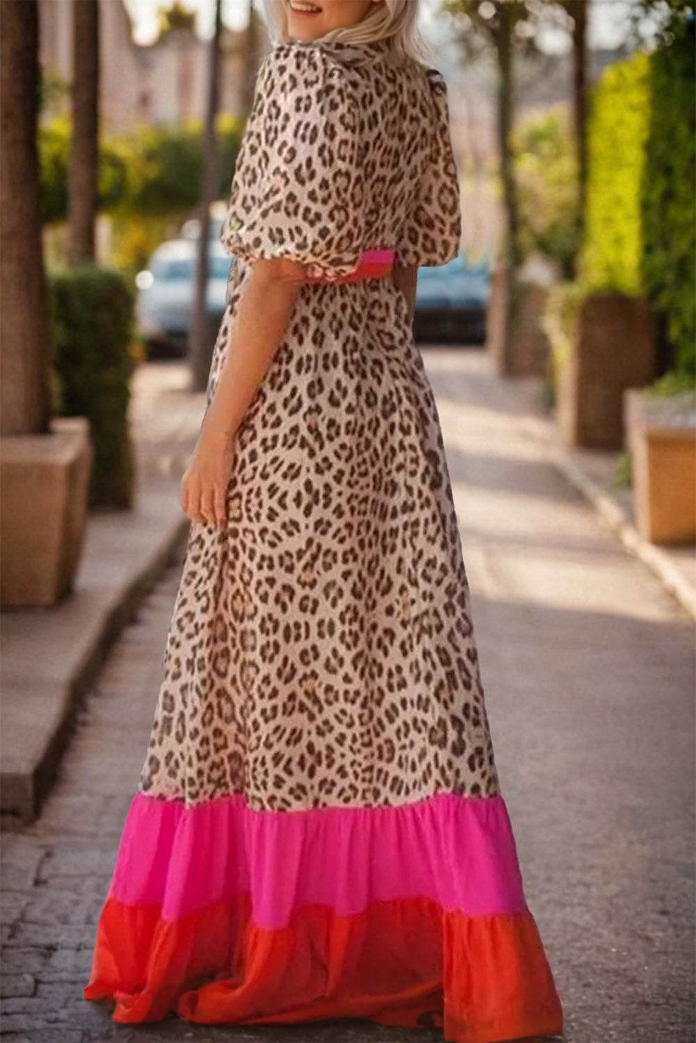 Full Size Leopard V-Neck Half Sleeve Maxi Dress - Amexza