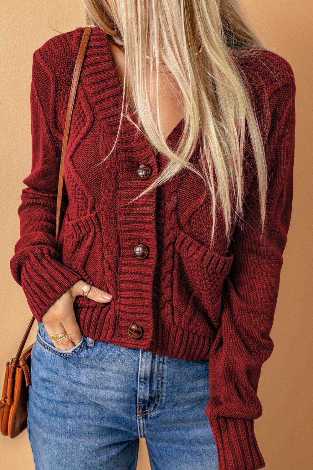 Cable-Knit Button Down V-Neck Cardigan Burgundy for a perfect OOTD – dress to impress outfits from Amexza