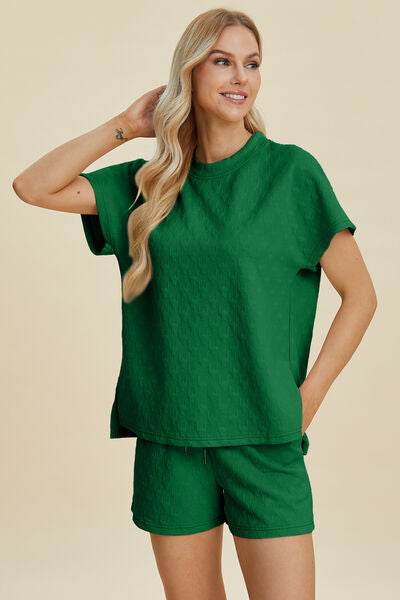 Double Take Full Size Texture Round Neck Short Sleeve Top and Shorts Set for a perfect OOTD – dress to impress outfits from Amexza