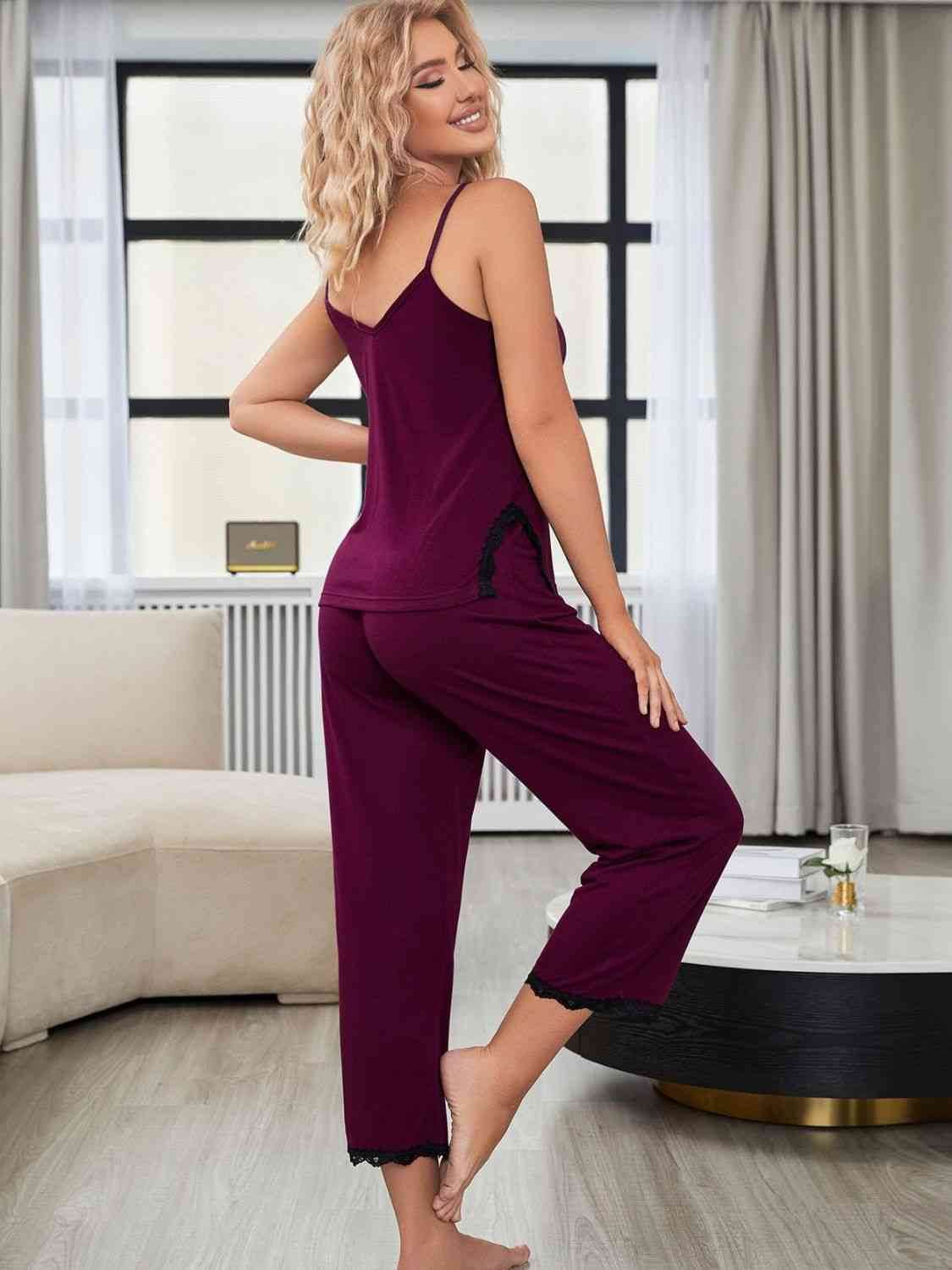 V-Neck Lace Trim Slit Cami and Pants Pajama Set for a perfect OOTD – dress to impress outfits from Amexza