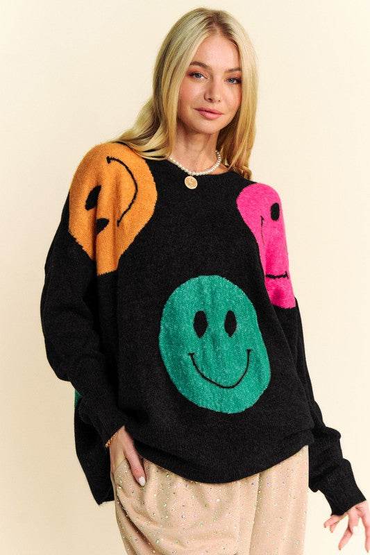 Davi & Dani Contrast Smile Round Neck Oversize Sweater - Amexza