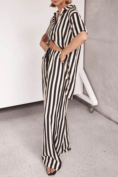 Striped Collared Neck Half Sleeve Top and Pants Set for a perfect OOTD – dress to impress outfits from Amexza