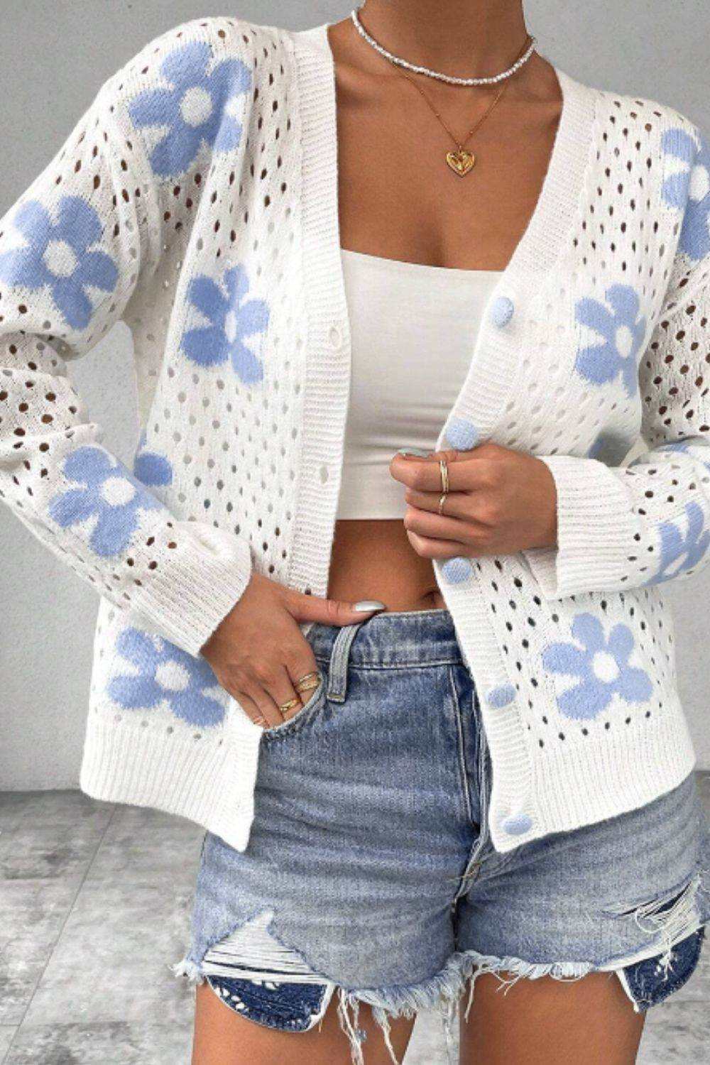 Flower Hollowed Out Button Down Long Sleeve Cardigan - Amexza