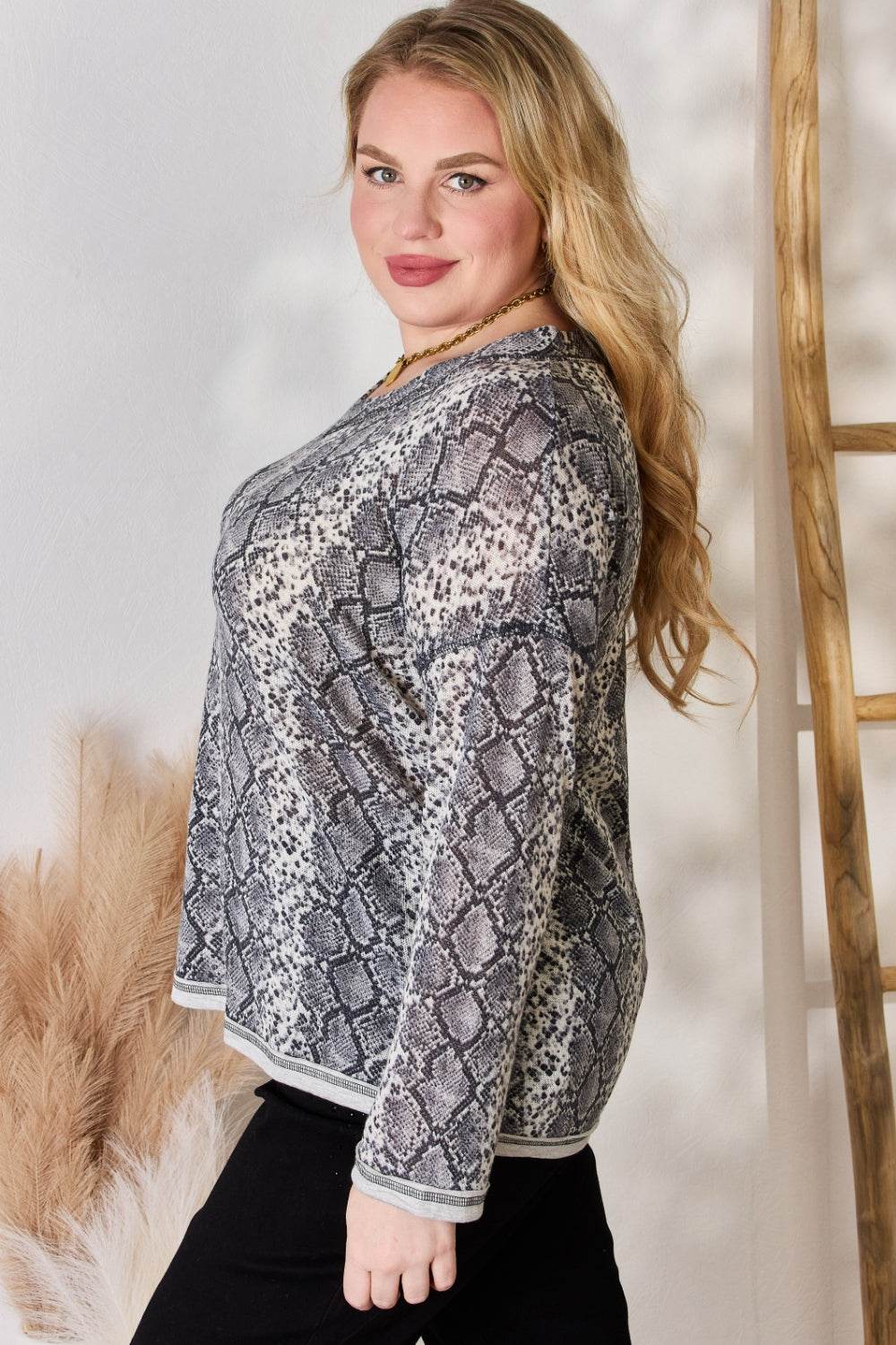 Hailey & Co Full Size Snakeskin V-Neck Long Sleeve Top for a perfect OOTD – dress to impress outfits from Amexza