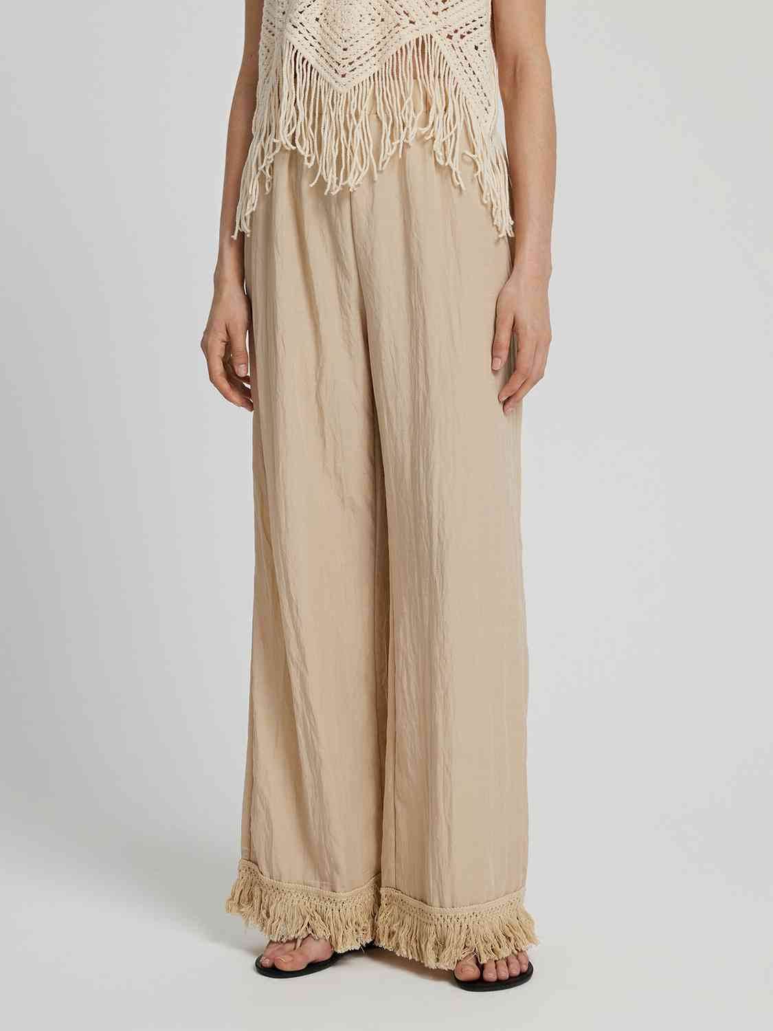 Honey Fringe Hem Wide Leg Long Pants - Amexza