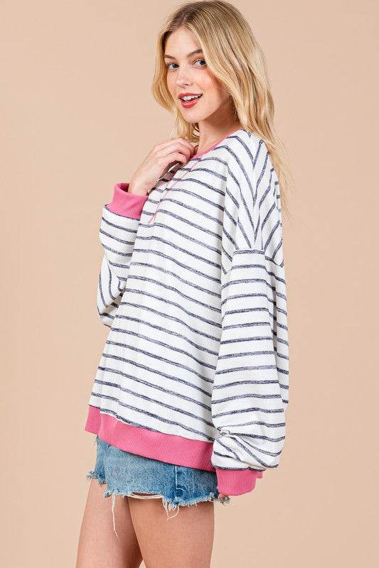 Ces Femme Striped Round Neck Drop Shoulder Sweatshirt for a perfect OOTD – dress to impress outfits from Amexza