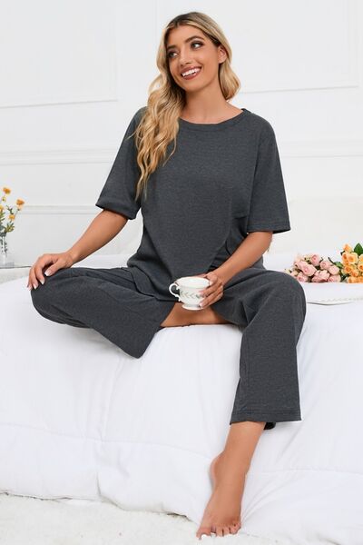 Slit Round Neck Top and Pants Lounge Set for a perfect OOTD – dress to impress outfits from Amexza