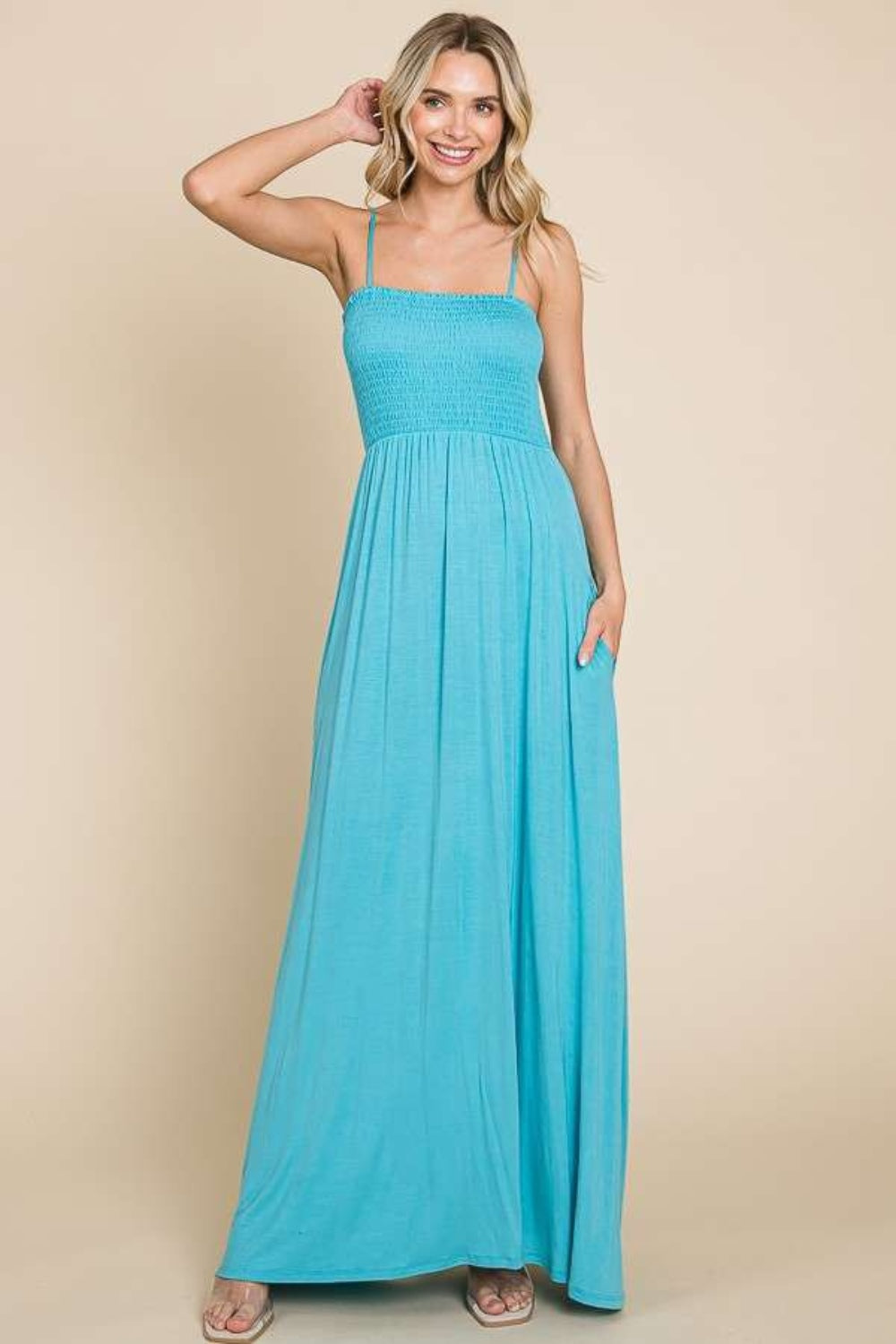 Culture Code Full Size Smocked Cami Maxi Dress with Pockets - Pastel Teal / S