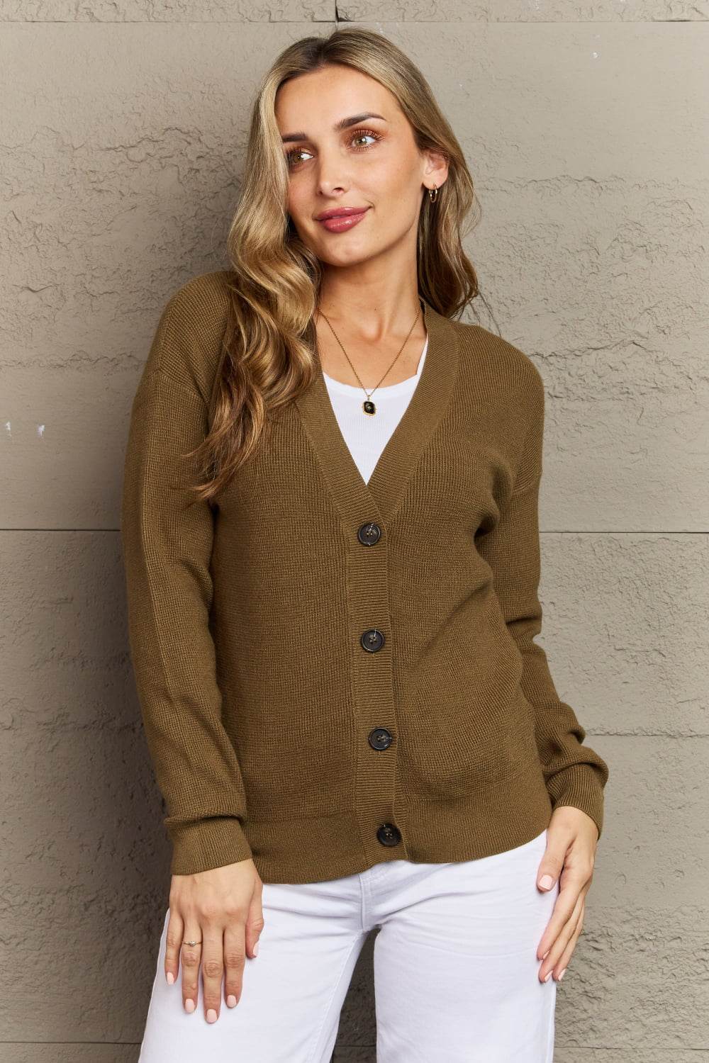 Zenana Kiss Me Tonight Full Size Button Down Cardigan in Olive Olive for a perfect OOTD – dress to impress outfits from Amexza