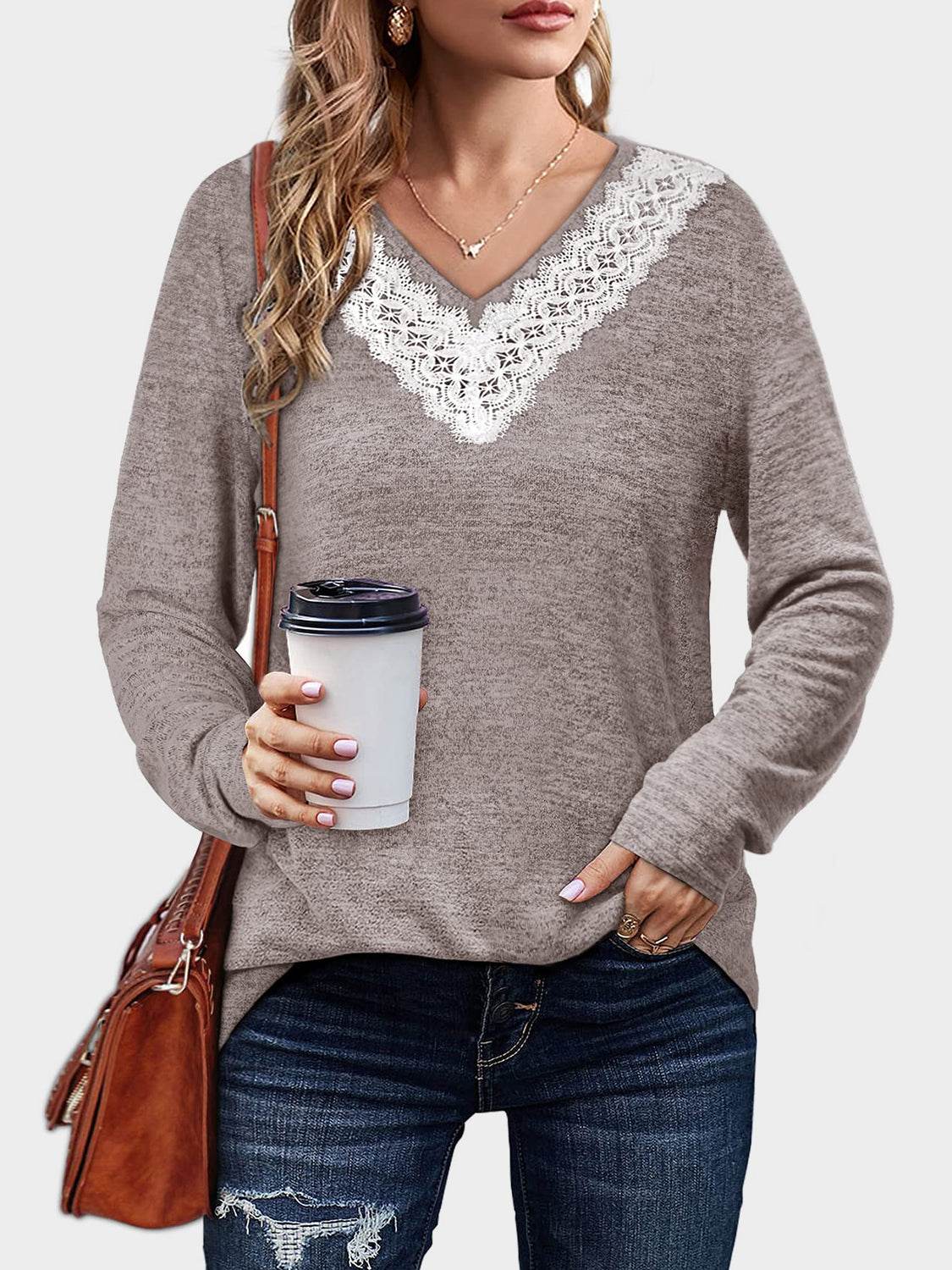 Lace Detail V-Neck Long Sleeve T-Shirt for a perfect OOTD – dress to impress outfits from Amexza