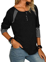 Full Size Striped Quarter Button Long Sleeve T-Shirt - Amexza