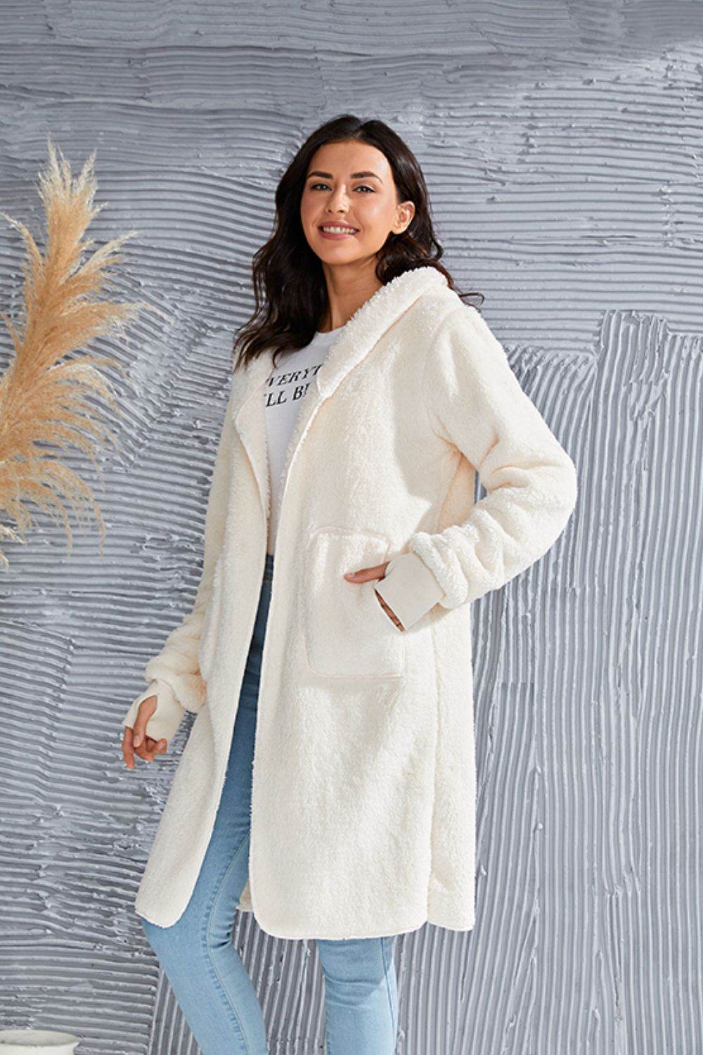 Double Take Full Size Hooded Teddy Bear Jacket with Thumbholes for a perfect OOTD – dress to impress outfits from Amexza