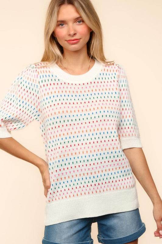 Haptics Round Neck Half Sleeve Multi Color Knit Top for a perfect OOTD – dress to impress outfits from Amexza