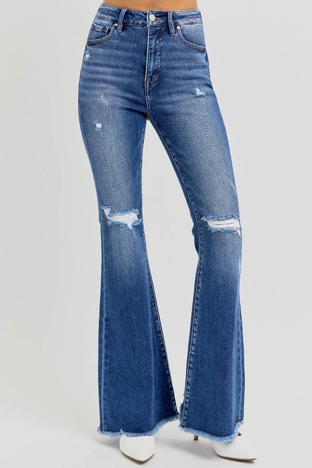 RISEN Full Size High Rise Distressed Raw Hem Flare Jeans - Amexza