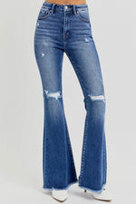 RISEN Full Size High Rise Distressed Raw Hem Flare Jeans - Amexza