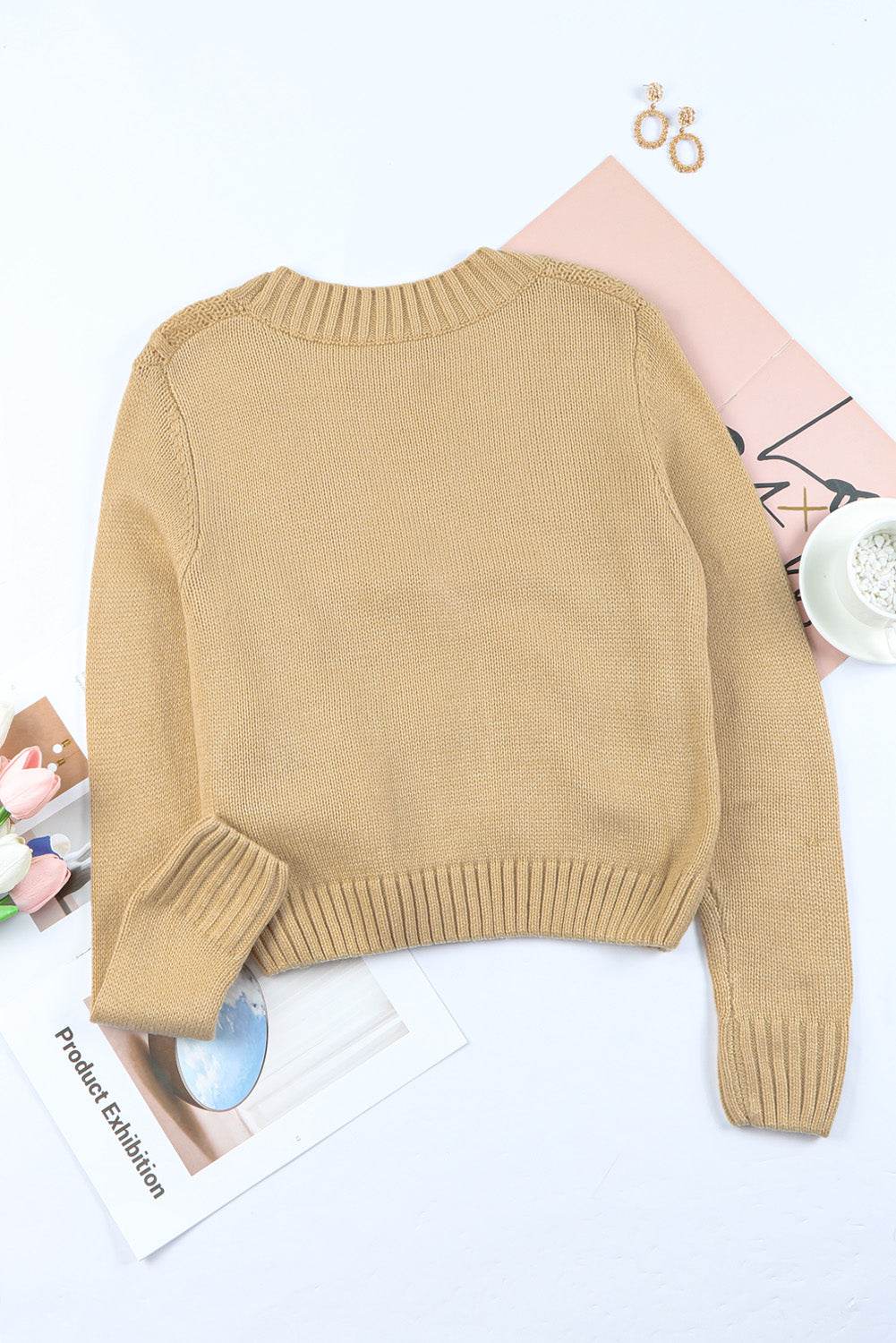 Cable-Knit Button Down V-Neck Cardigan - Amexza