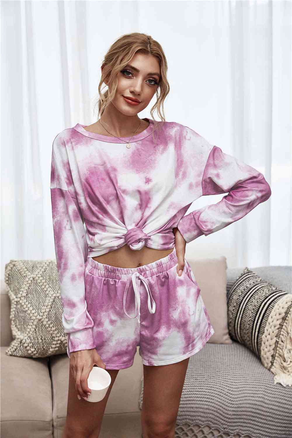 Tie-Dye Dropped Shoulder Top and Shorts Lounge Set Red-Violet for a perfect OOTD – dress to impress outfits from Amexza