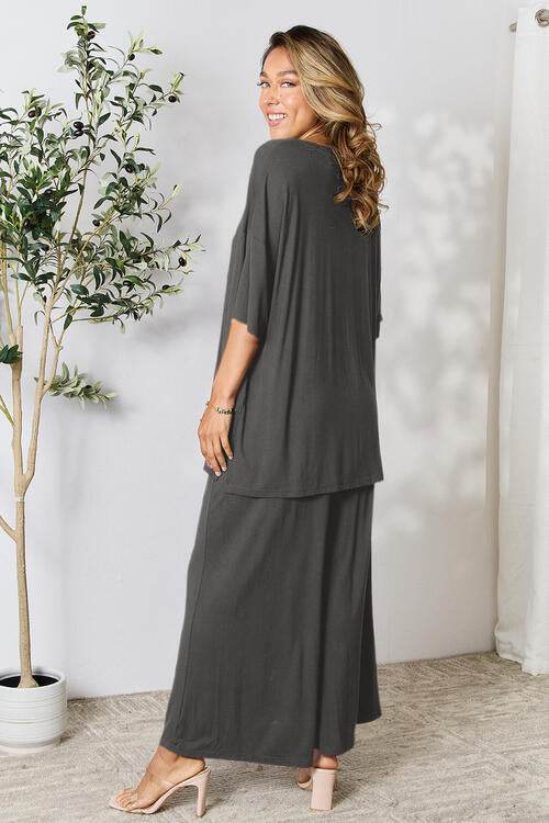 Double Take Full Size Round Neck Slit Top and Pants Set for a perfect OOTD – dress to impress outfits from Amexza