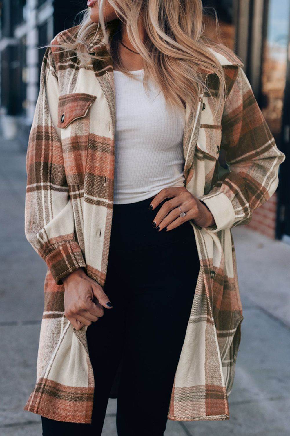 Pocketed Plaid Collared Neck Shacket Plaid for a perfect OOTD – dress to impress outfits from Amexza