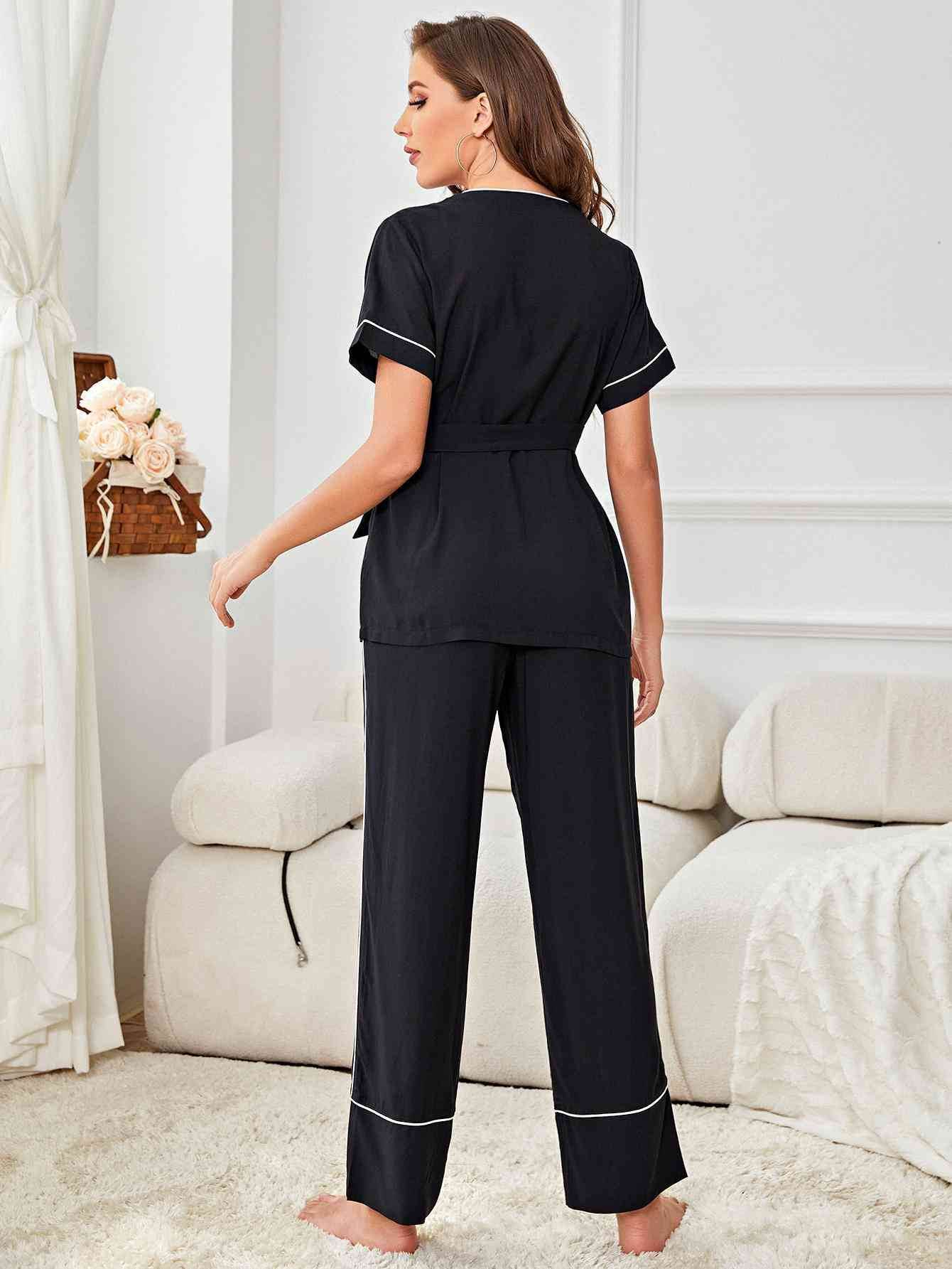 Contrast Piping Belted Top and Pants Pajama Set - Amexza