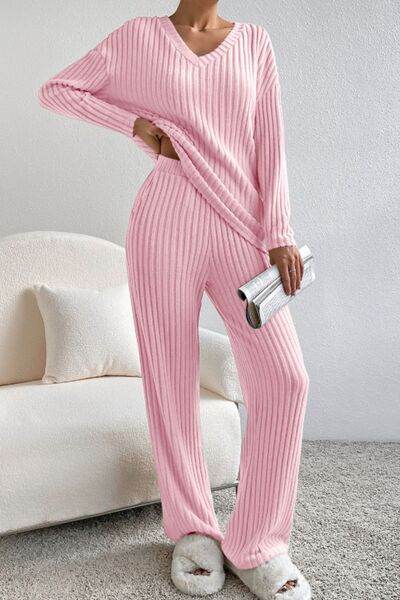 Ribbed V-Neck Top and Pants Lounge Set Blush Pink for a perfect OOTD – dress to impress outfits from Amexza