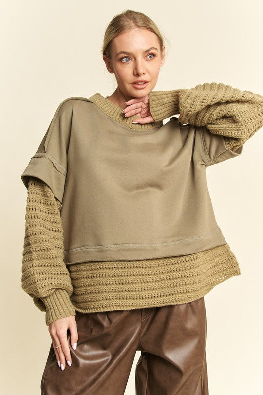 Davi & Dani Faux Layered Round Neck Sweater Olive for a perfect OOTD – dress to impress outfits from Amexza