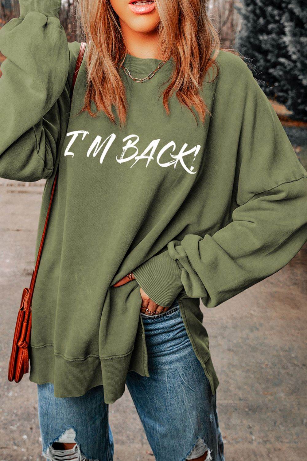 I'M BACK Round Neck Dropped Shoulder Sweatshirt for a perfect OOTD – dress to impress outfits from Amexza