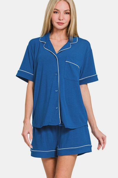 Zenana Button Down Short Sleeve Top and Shorts Lounge Set Classic Blue for a perfect OOTD – dress to impress outfits from Amexza