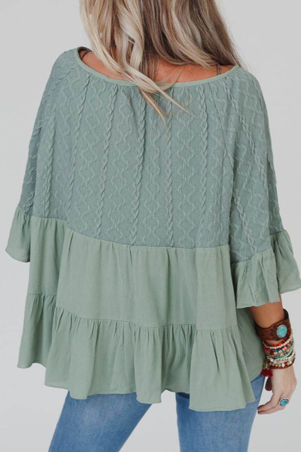 Ruffled Tie Neck Three-Quarter Sleeve Blouse for a perfect OOTD – dress to impress outfits from Amexza