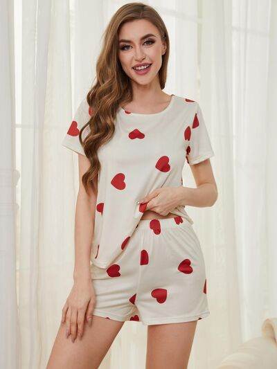 Heart Round Neck Top and Shorts Lounge Set - Amexza