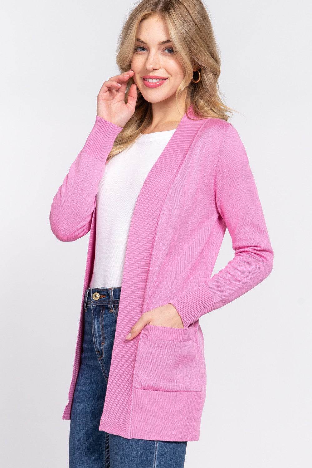 ACTIVE BASIC Ribbed Trim Open Front Cardigan PINK for a perfect OOTD – dress to impress outfits from Amexza