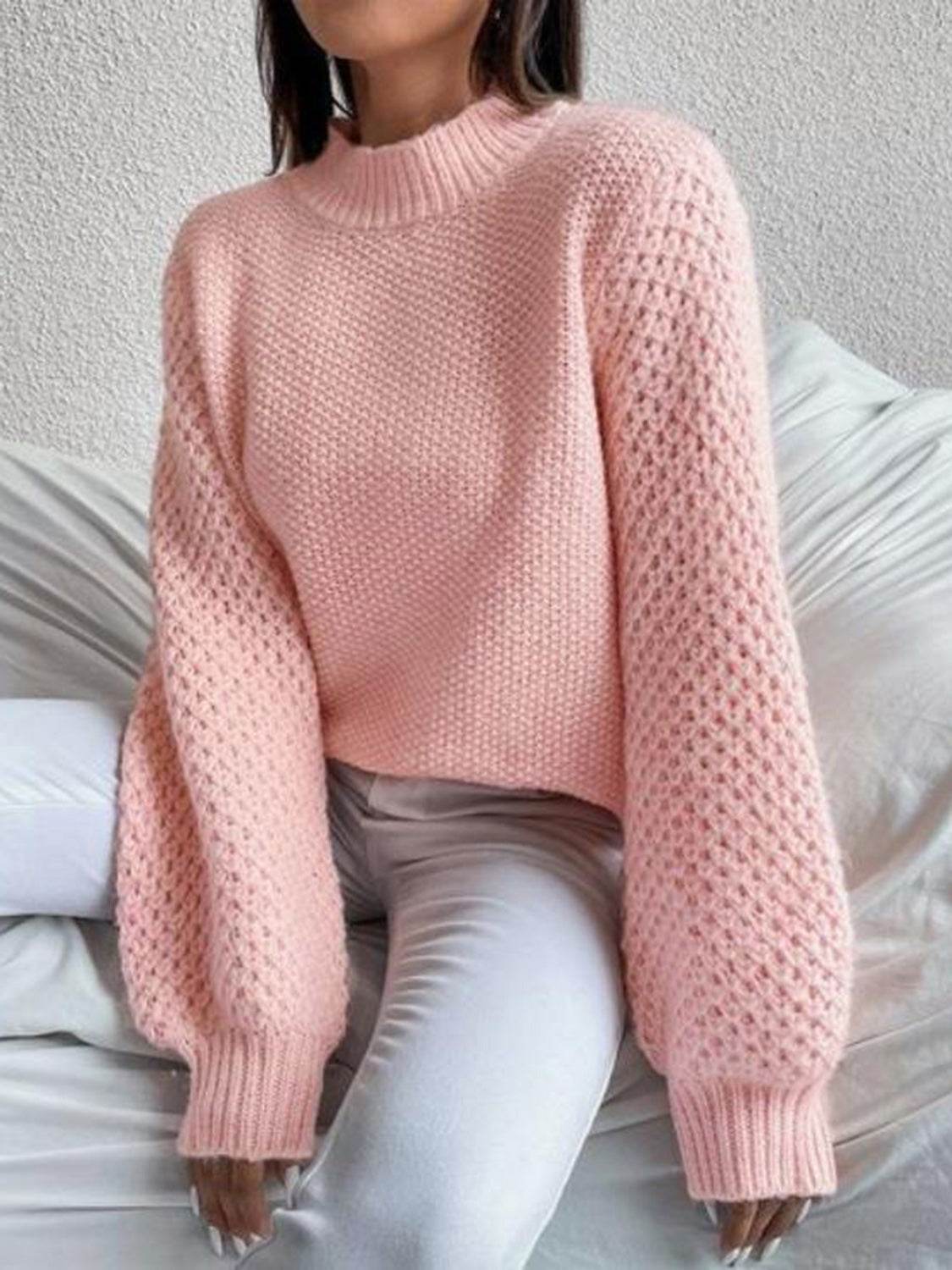 Openwork Mock Neck Long Sleeve Sweater for a perfect OOTD – dress to impress outfits from Amexza