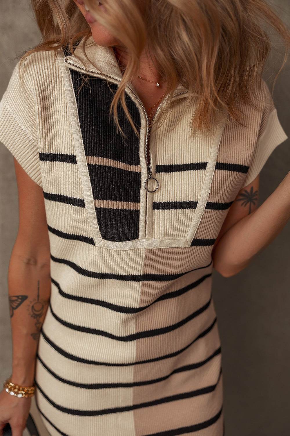 Striped Quarter Zip Cap Sleeve Sweater Dress - Amexza