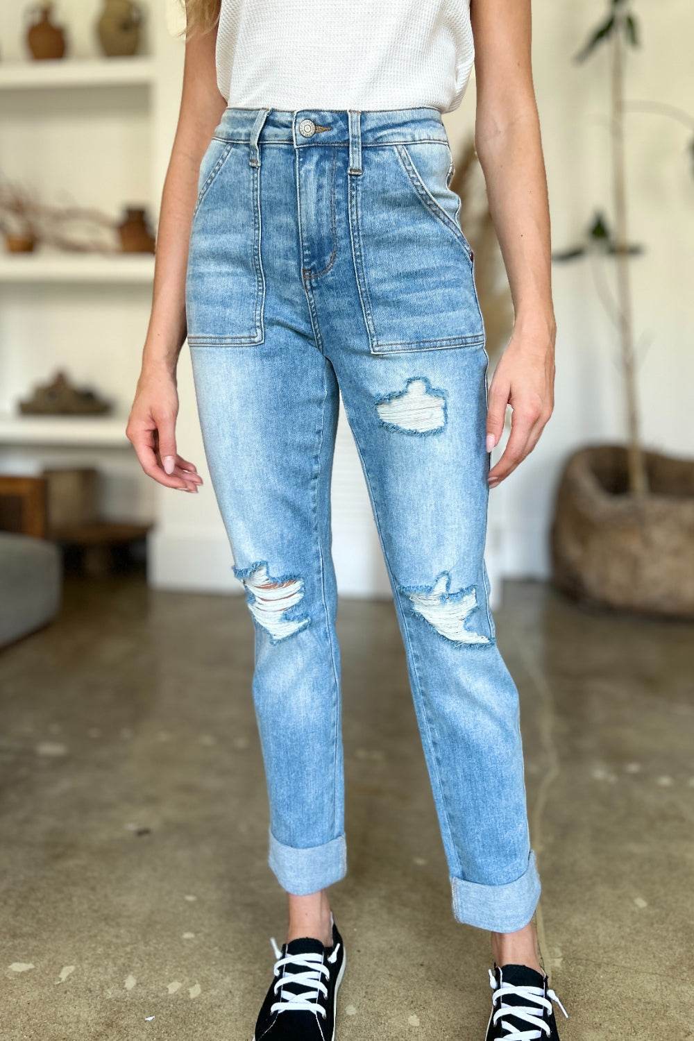 Judy Blue Full Size Distressed Straight Jeans with Patch Pockets for a perfect OOTD – dress to impress outfits from Amexza