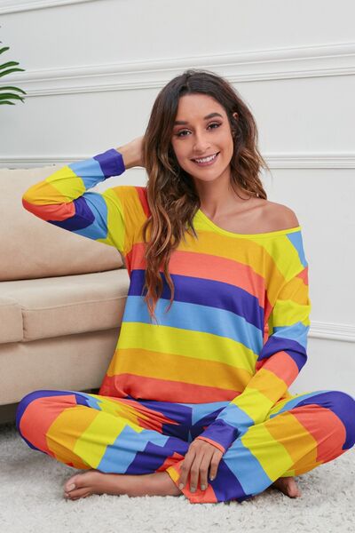 Striped Round Neck Long Sleeve Top and Drawstring Pants Lounge Set for a perfect OOTD – dress to impress outfits from Amexza