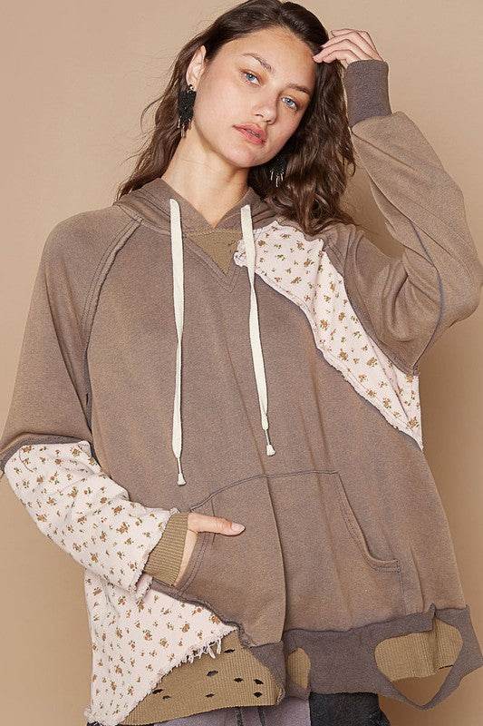 POL Floral Patchwork Distressed Drawstring Hoodie Mocha for a perfect OOTD – dress to impress outfits from Amexza