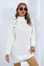 Buttoned Turtleneck Long Sleeve Sweater Dress White for a perfect OOTD – dress to impress outfits from Amexza