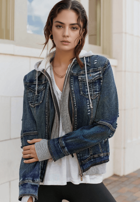 Fake Two-Piece Hooded Zip-Up Denim Jacket for a perfect OOTD – dress to impress outfits from Amexza