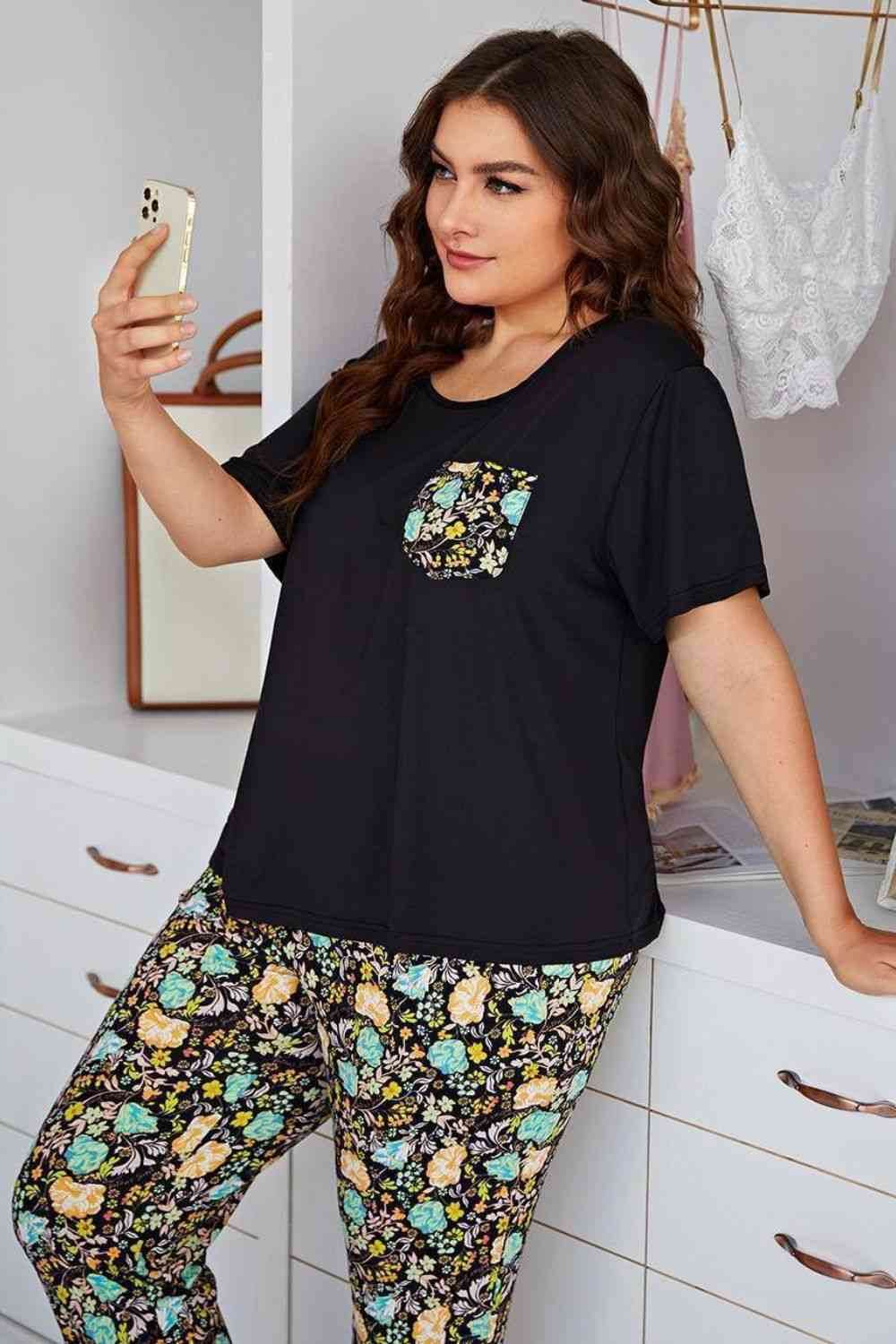 Plus Size Contrast Round Neck Tee and Floral Pants Lounge Set for a perfect OOTD – dress to impress outfits from Amexza