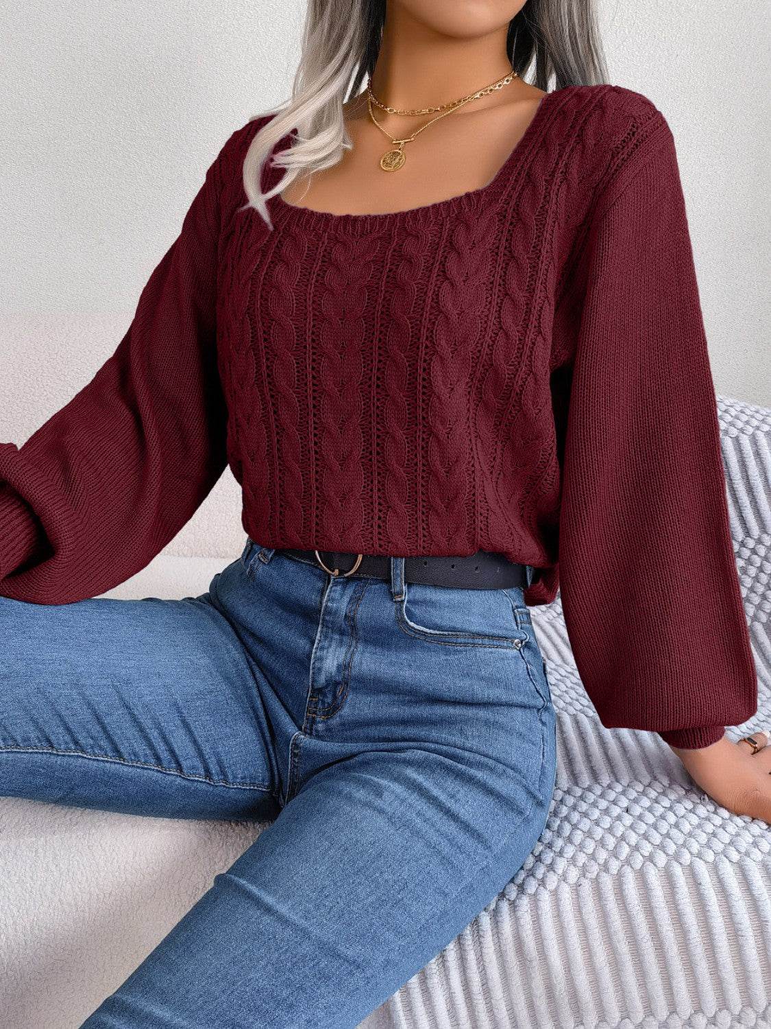 Cable-Knit Square Neck Long Sleeve Sweater for a perfect OOTD – dress to impress outfits from Amexza